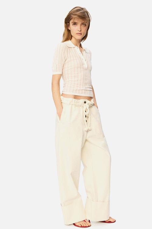 Rope-belt paper bag trousers - cream