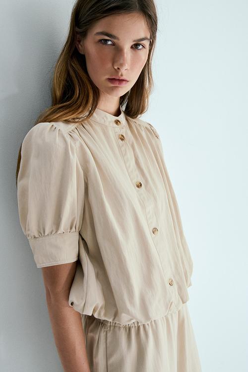 Bubble-hem twill blouse - light beige
