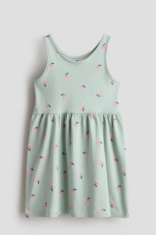 Patterned cotton dress - light green/cherries
