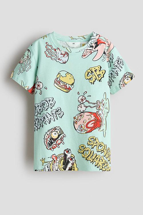 Print-motif cotton t-shirt - mint green/spongebob