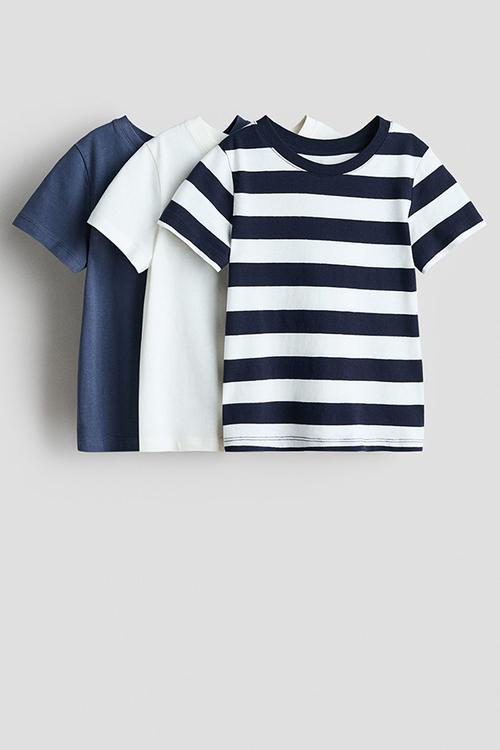 3-pack cotton t-shirts - navy blue/striped