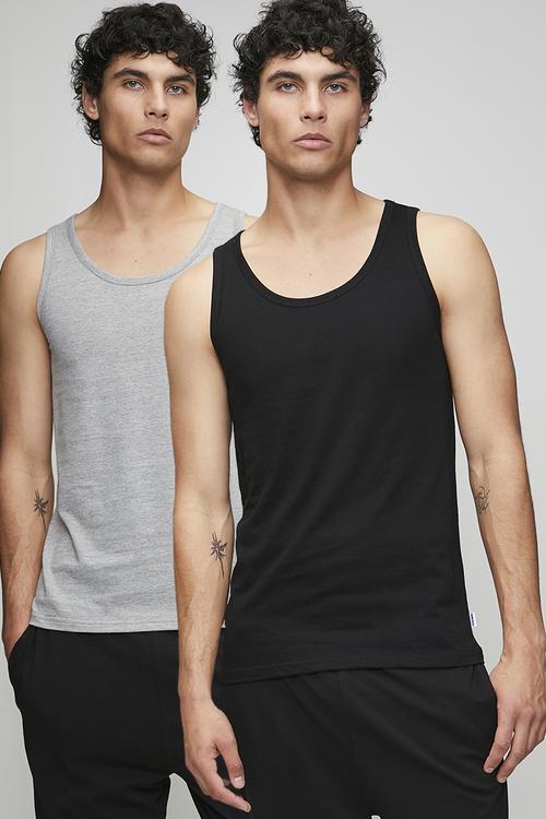 2Pk cotton elastane vests - grey melange/black