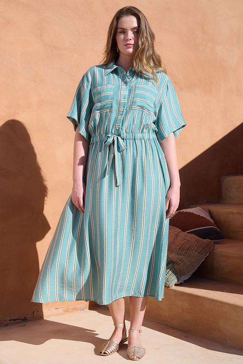 Drawstring Waist Pocket Shirt Dress - White Stripe