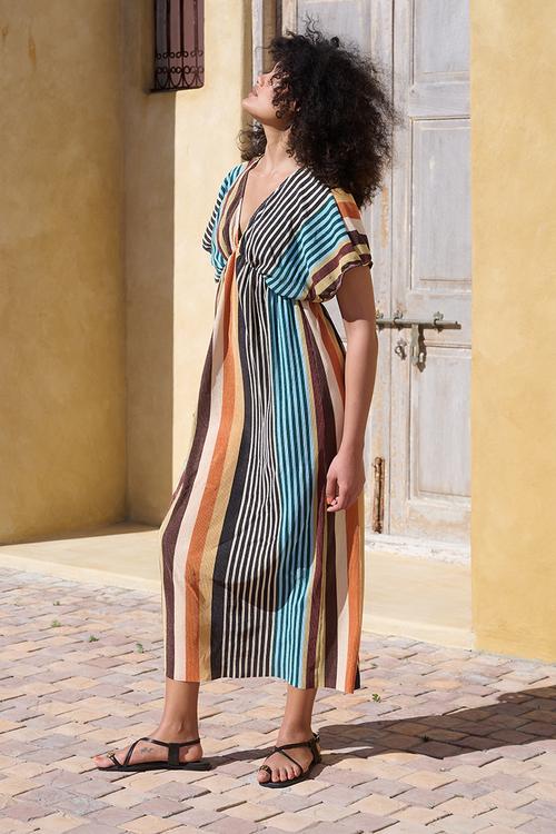 Plisse Joy Kaftan Sleeve Dress - Multistripe