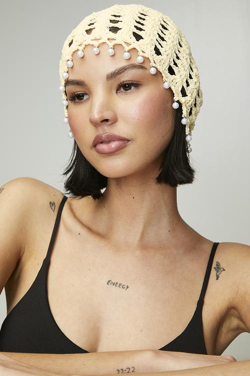 Nevaeh Crochet Beanie With Silver Beaded Trim-Cream