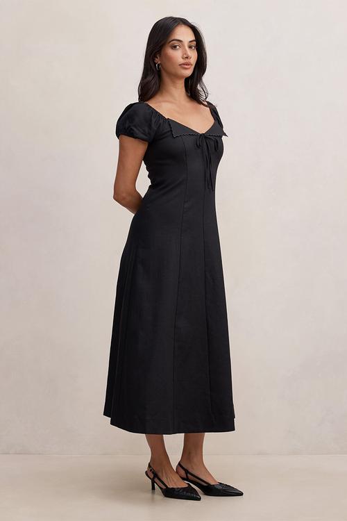 Portia folded collar linen midi dress - black