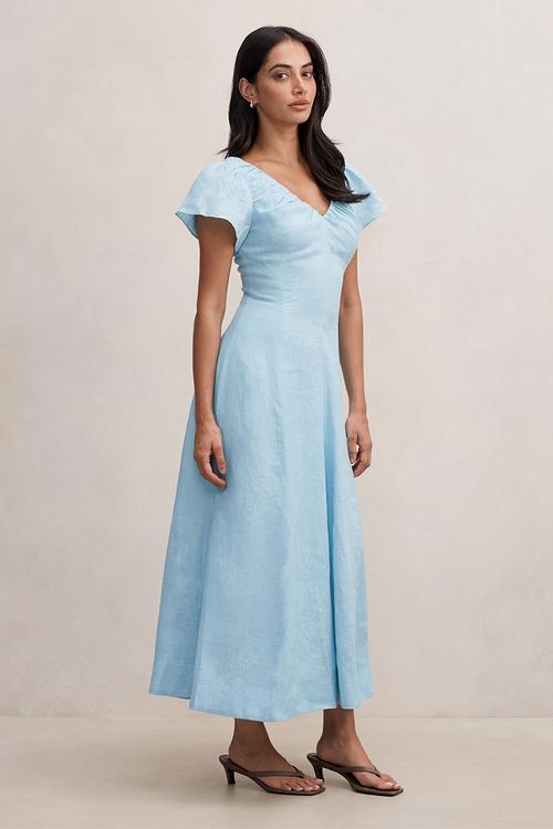 Rue puff sleeve gathered midi dress -  seafoam aqua