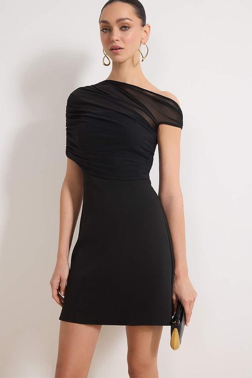 Tulle Detail A-Line Mini Dress - Black