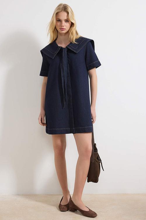 Peter Pan Collar Cotton Mini Denim Dress - Blue
