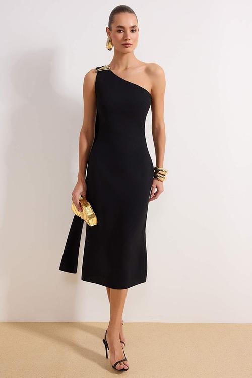 Bodycon Crepe Midi Dress with Shawl and Accessory Detail - Black
