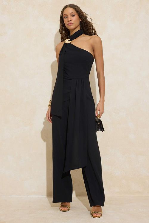 Asymmetric Collar Jumpsuit with Shawl Detail - Black