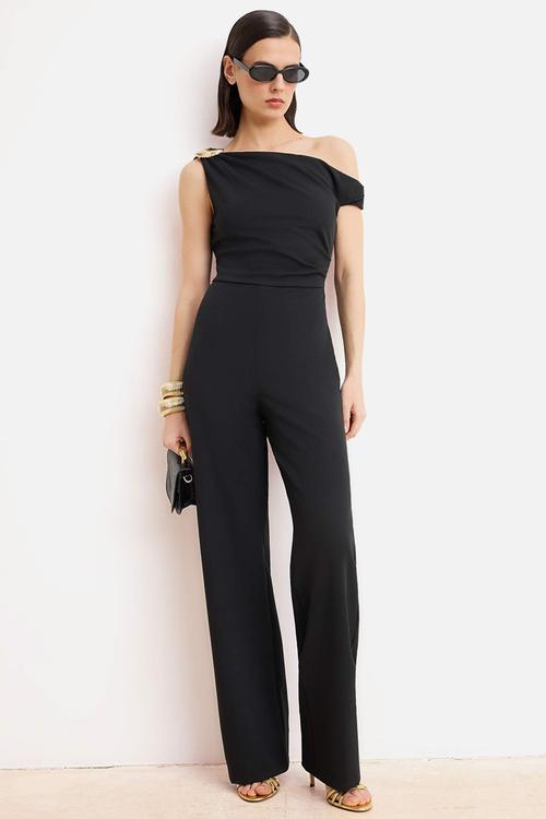 Asymmetric Collar Jumpsuit with Statement Accessory Detail - Black