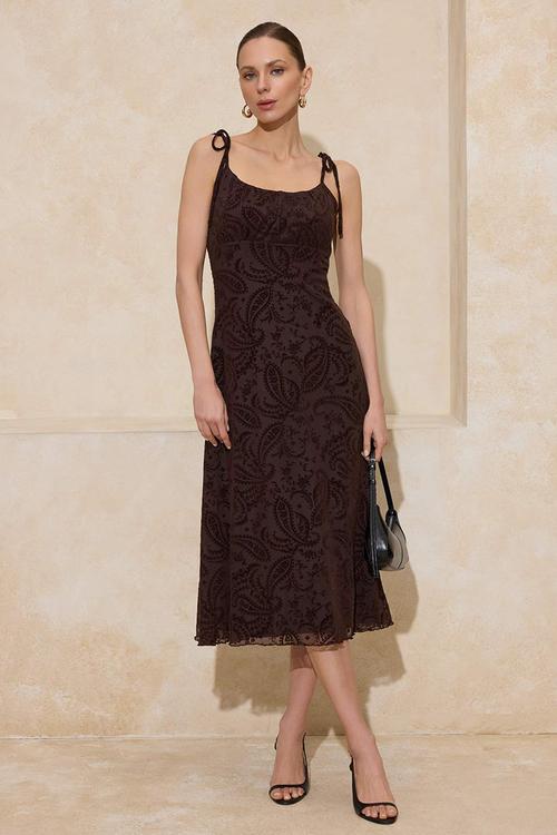 Floral Ruched Midi Tulle Knit Dress - Brown