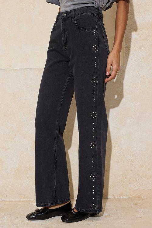 High-Waist Cotton Wide-Leg Jeans with Stone Detail - Black