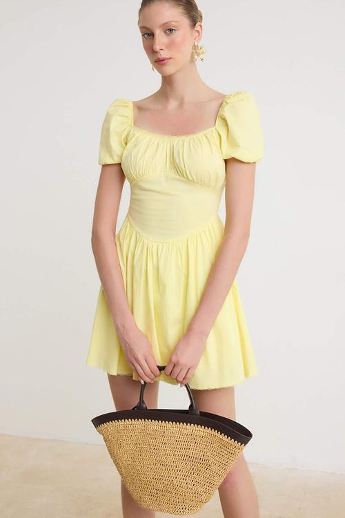 Square Neck Cut-Out Skater Mini Dress - Light Yellow