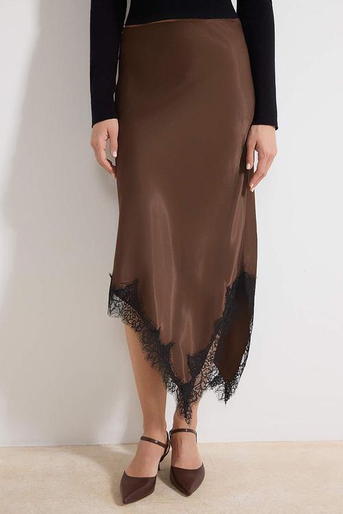 Asymmetric Lace Detail Satin Midi Skirt - Dark Brown