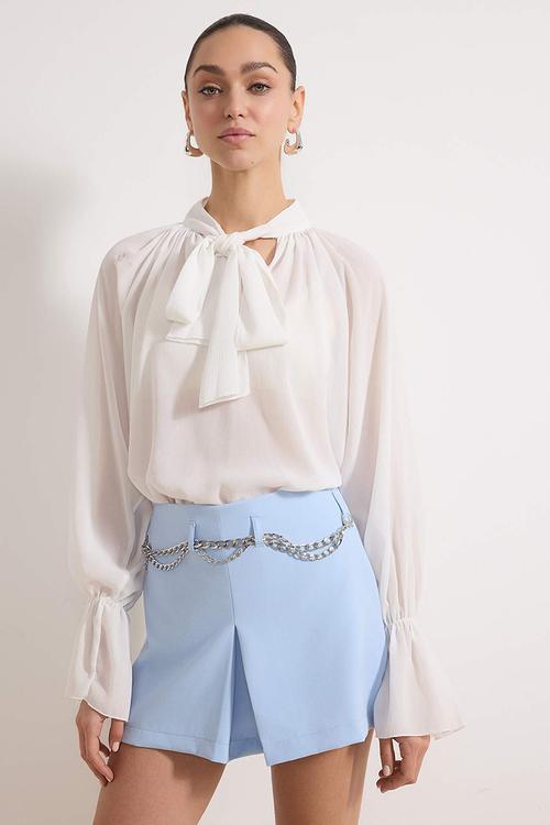 Mini Shorts with Chain Belt Detail - Light Blue