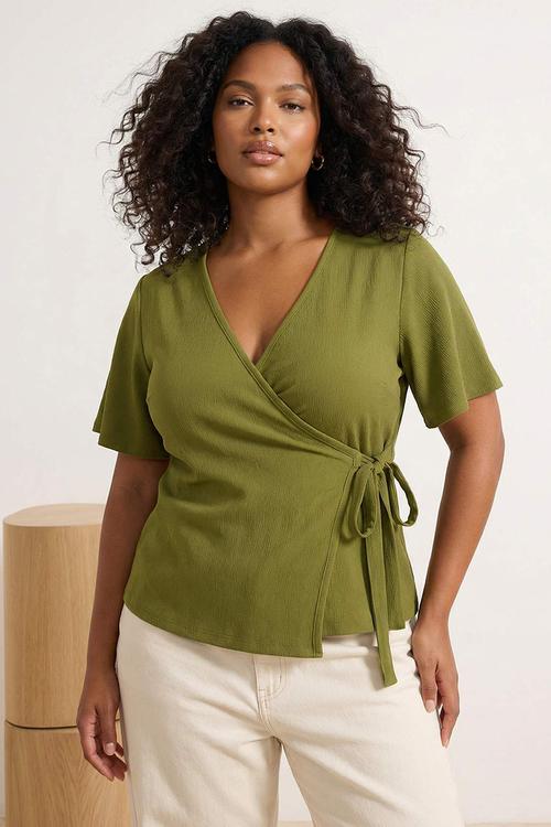 Plus double-breasted knitted blouse with binding detail - oil green
