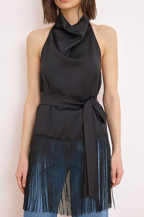 Degaje Collar Satin Blouse with Tassel Detail - Black