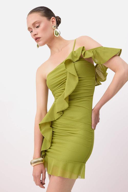 Asymmetric Neckline Bodycon Mini Knit Dress - Pistachio Green