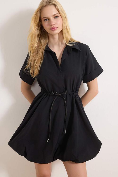 Lace-Up Mini Balloon Skirt Dress - Black