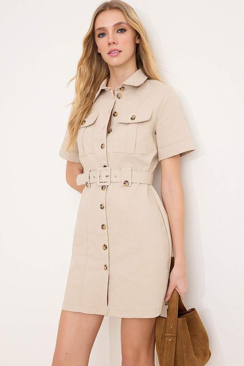Button and Pocket Detail Belted Shirt Dress - Beige
