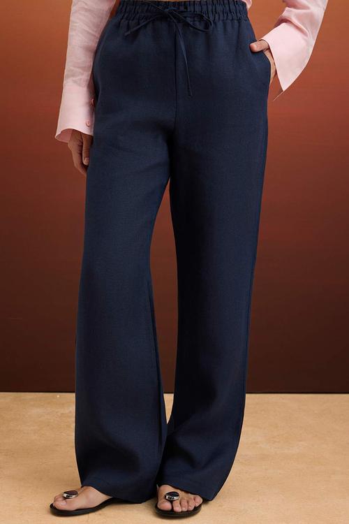 High-Waist Wide-Leg Linen Trousers - Navy Blue