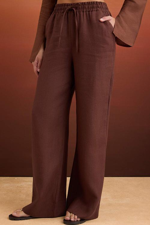 High-Waist Elasticated Linen Trousers - Brown