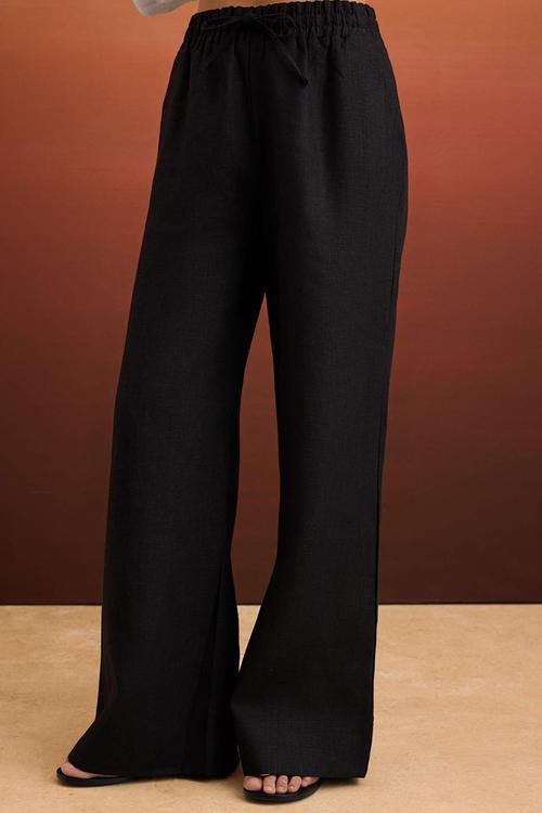 High-Waist Elasticated Linen Trousers - Black