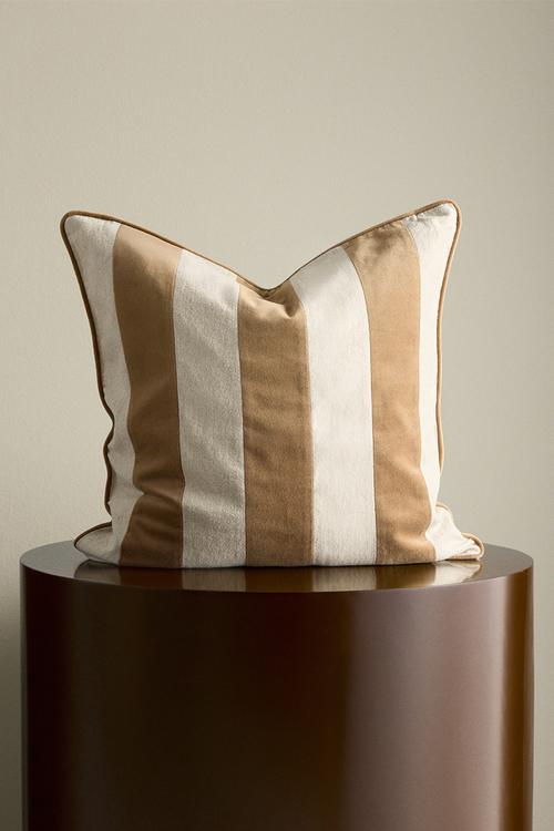 Linen-blend cushion cover - light beige/brown striped