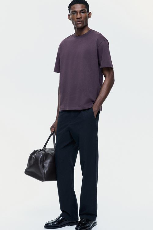 Regular fit linen-blend trousers - black