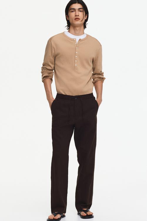 Regular fit linen-blend trousers - dark brown