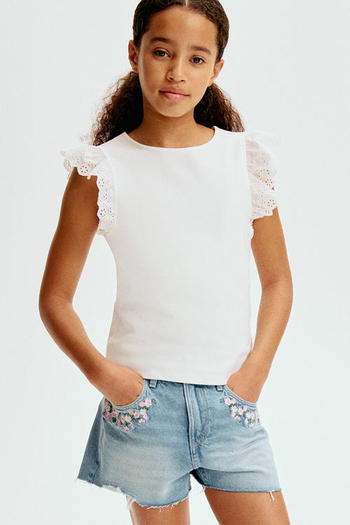 Embroidery-detail denim shorts - light denim blue/flowers