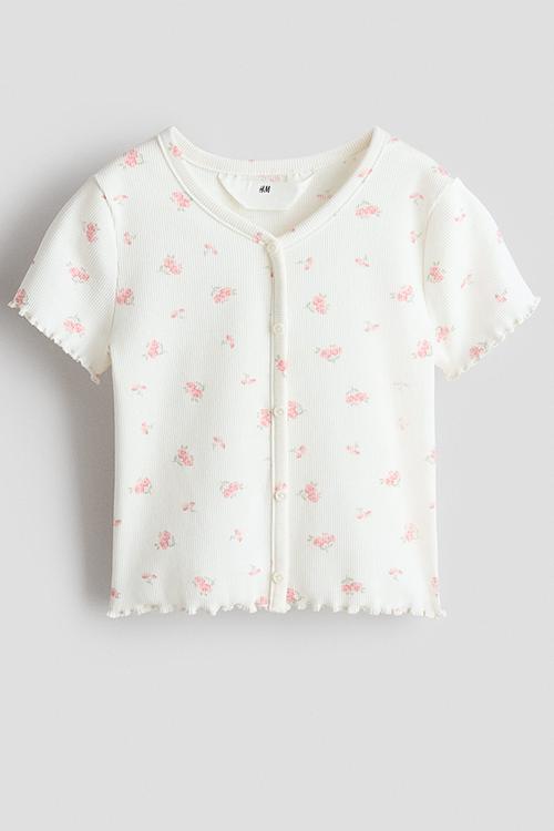Button-detail ribbed top - white/pink floral