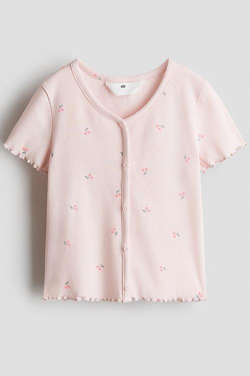 Button-detail ribbed top - light pink/cherries