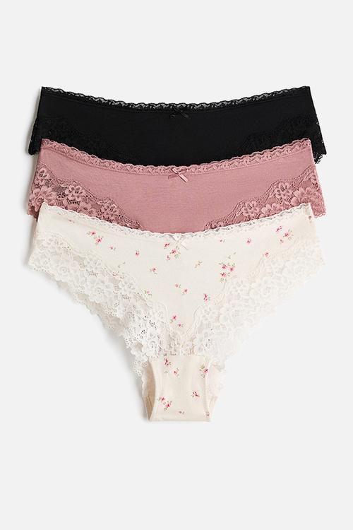 3-Pack cotton and lace hipster briefs - dusty pink/cream floral