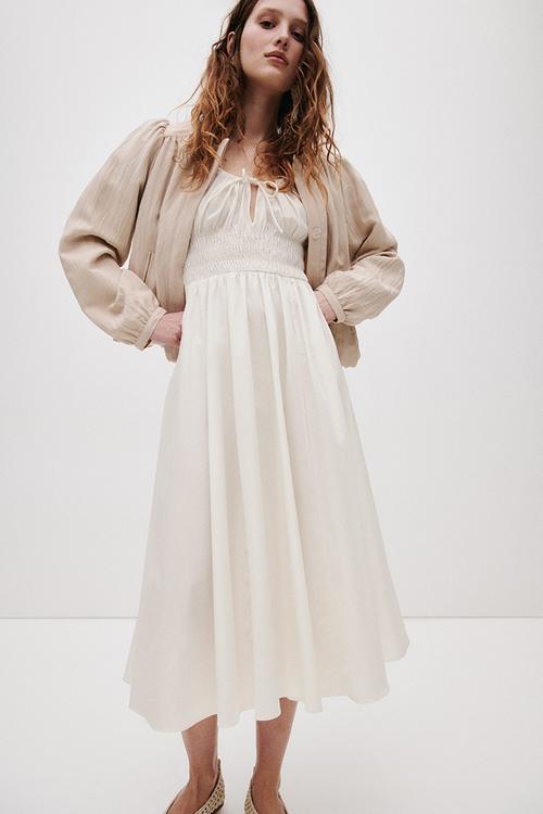 Smocked-waist dress - white
