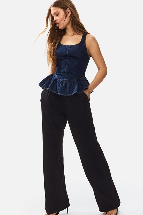 Linen-blend drawstring trousers - black