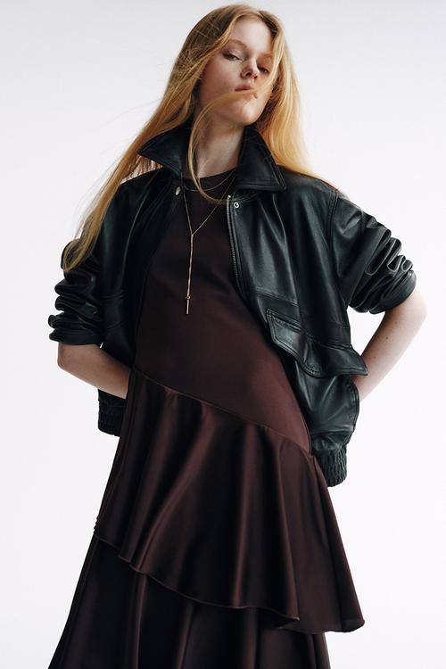 Satin-skirt ponte di roma dress - dark brown