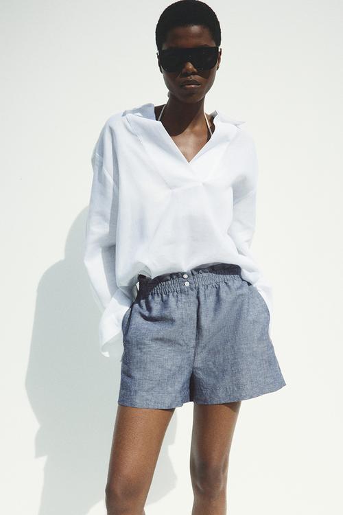 Linen-blend paper bag shorts - grey marl