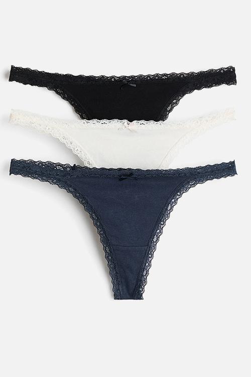 3-pack cotton tanga thong briefs - black/cream/navy blue