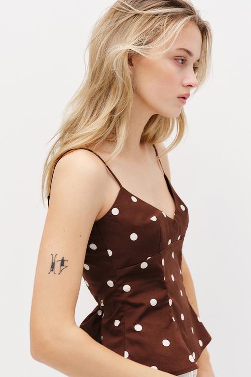 Peplum strappy top - dark brown/polka dot