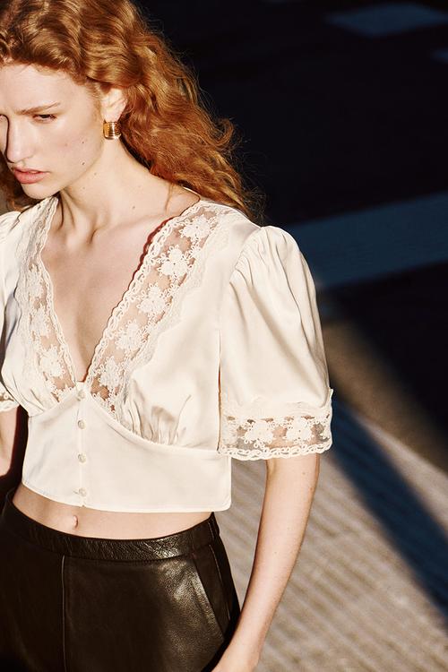 Cropped lace-trimmed top - white