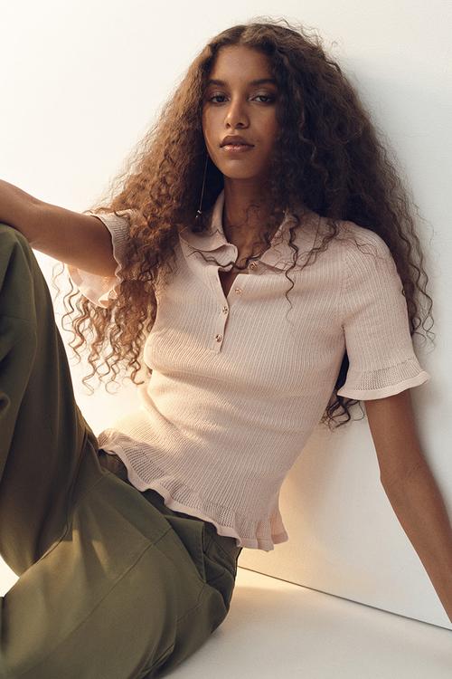 Rib-knit collared top - powder pink