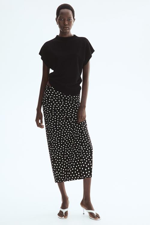 Draped midi skirt - black/polka dot