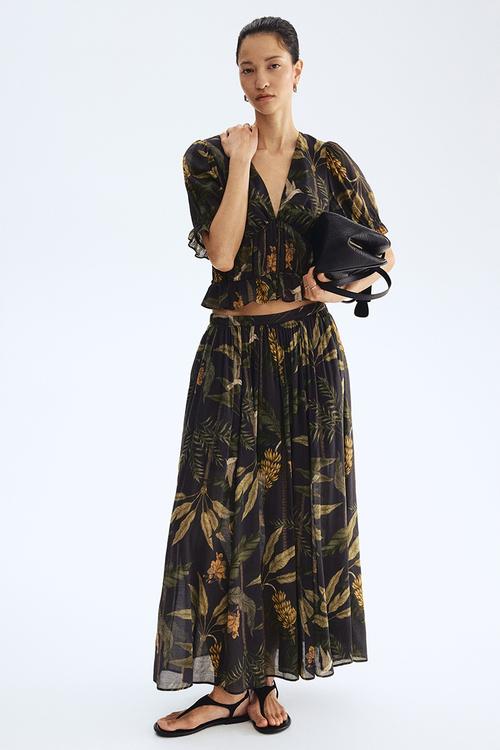 Loose-fit viscose-blend skirt - black/plants