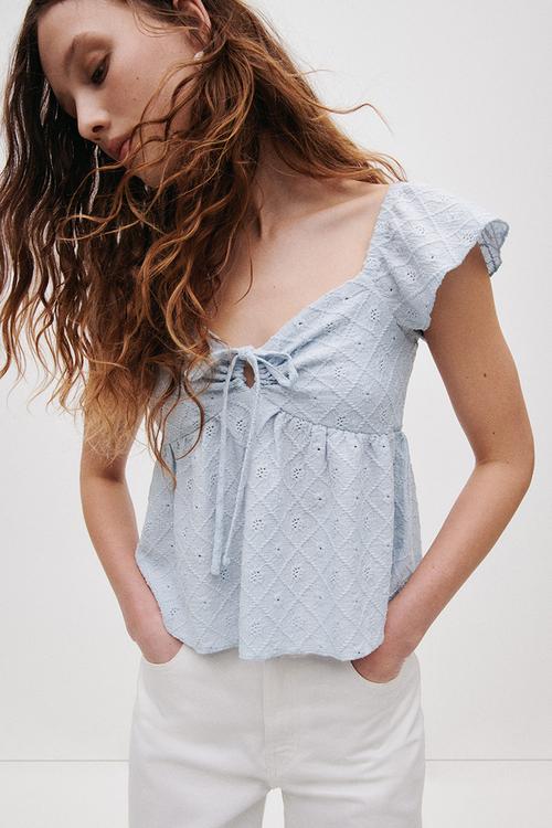 Pointelle jersey blouse - light blue