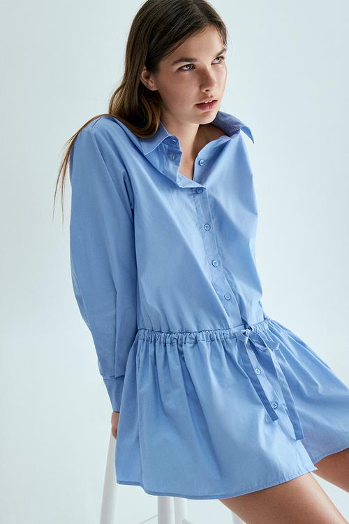 Drawstring-detail poplin shirt dress - light blue
