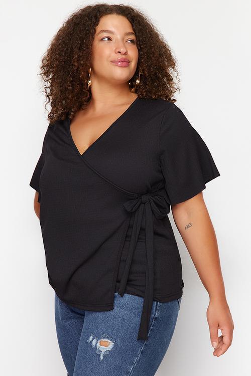 Plus double-breasted tie-detail knit blouse - black
