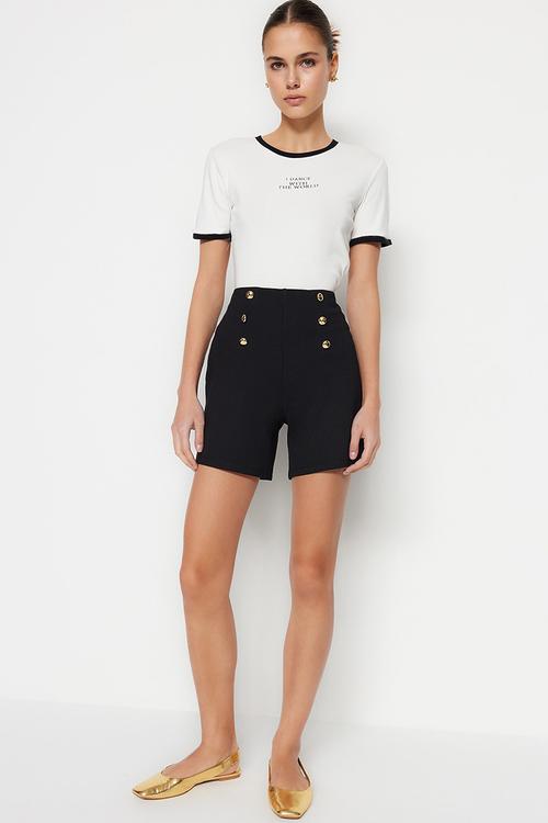 Gold Button Detail High-Waist Knit Shorts - Black